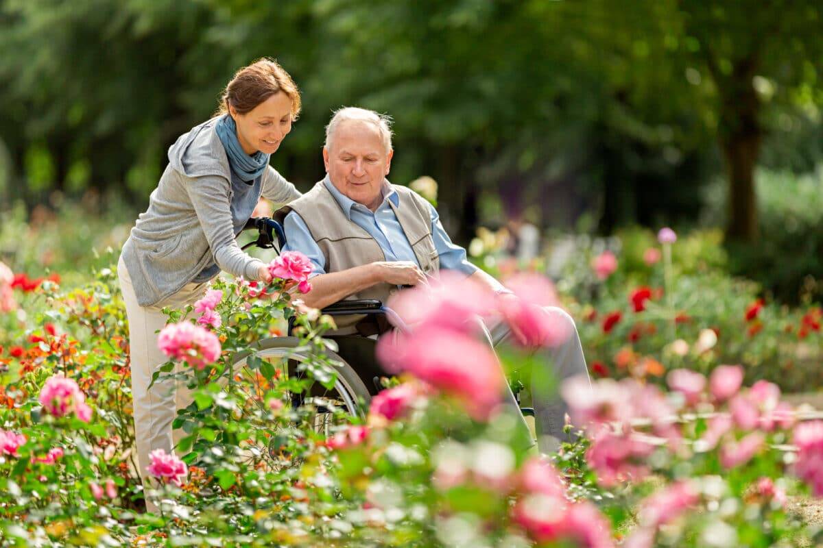 Senior Man In Wheelchair With Carer In Garden.